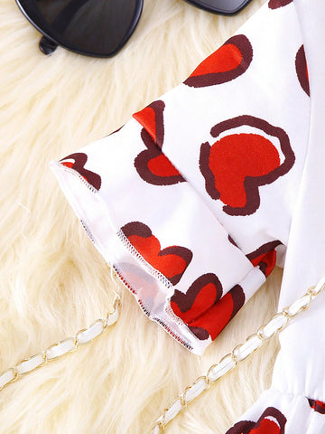 2pcs Girls Casual English Letter & Heart Print Short Sleeve Dress With Bow Tie Leggings Set, Spring/Summer, Valentine's Day 2pcs Girls Casual English Letter & Heart Print Short Sleeve Dress With Bow Tie Leggings Set, Spring/Summer, Valentine's Day