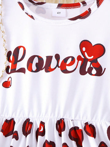2pcs Girls Casual English Letter & Heart Print Short Sleeve Dress With Bow Tie Leggings Set, Spring/Summer, Valentine's Day 2pcs Girls Casual English Letter & Heart Print Short Sleeve Dress With Bow Tie Leggings Set, Spring/Summer, Valentine's Day