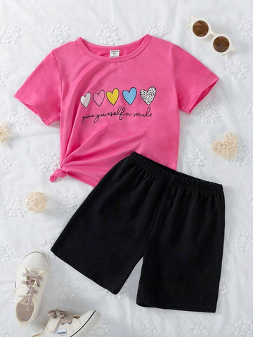 2pcs Girls' Casual Heart Shaped Beyie Print Round Neck Shirt And Cool English Printed Shorts Set, Summer 2pcs Girls' Casual Heart Shaped Beyie Print Round Neck Shirt And Cool English Printed Shorts Set, Summer