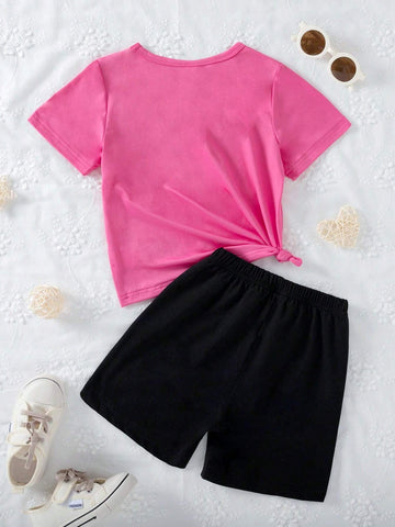 2pcs Girls' Casual Heart Shaped Beyie Print Round Neck Shirt And Cool English Printed Shorts Set, Summer 2pcs Girls' Casual Heart Shaped Beyie Print Round Neck Shirt And Cool English Printed Shorts Set, Summer
