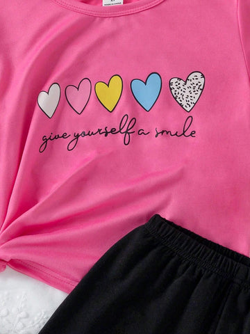 2pcs Girls' Casual Heart Shaped Beyie Print Round Neck Shirt And Cool English Printed Shorts Set, Summer 2pcs Girls' Casual Heart Shaped Beyie Print Round Neck Shirt And Cool English Printed Shorts Set, Summer