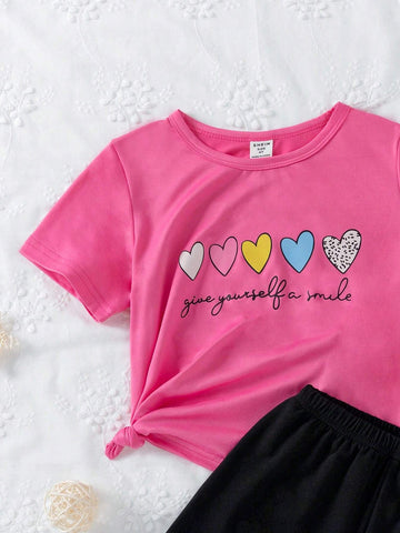 2pcs Girls' Casual Heart Shaped Beyie Print Round Neck Shirt And Cool English Printed Shorts Set, Summer 2pcs Girls' Casual Heart Shaped Beyie Print Round Neck Shirt And Cool English Printed Shorts Set, Summer
