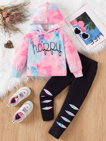 2pcs Girls Fashion Tie Dye Letter Print Hooded Sweatshirt + Slim Fit Pants Set 2pcs Girls Fashion Tie Dye Letter Print Hooded Sweatshirt + Slim Fit Pants Set