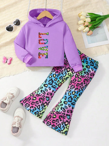 2pcs Girls Letter Print Long Sleeve Sweatshirt & Leopard Flare Pants Children Casual Outfit 2pcs Girls Letter Print Long Sleeve Sweatshirt & Leopard Flare Pants Children Casual Outfit