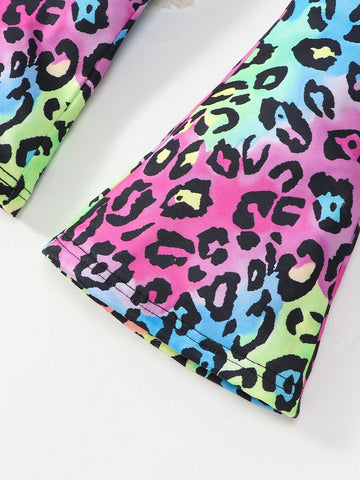 2pcs Girls Letter Print Long Sleeve Sweatshirt & Leopard Flare Pants Children Casual Outfit 2pcs Girls Letter Print Long Sleeve Sweatshirt & Leopard Flare Pants Children Casual Outfit