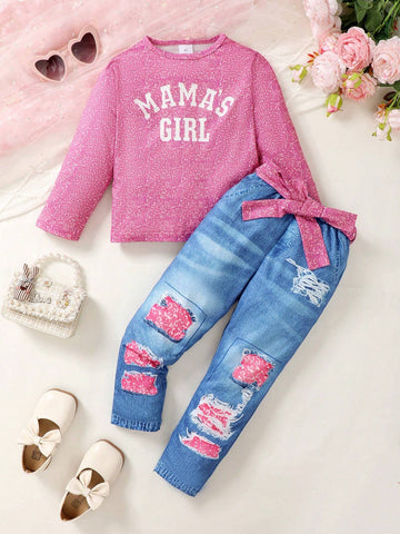 2pcs Girls Letter Print Round Neck Sweatshirt And Denim Patchwork Pants Set, Autumn/Winter 2pcs Girls Letter Print Round Neck Sweatshirt And Denim Patchwork Pants Set, Autumn/Winter