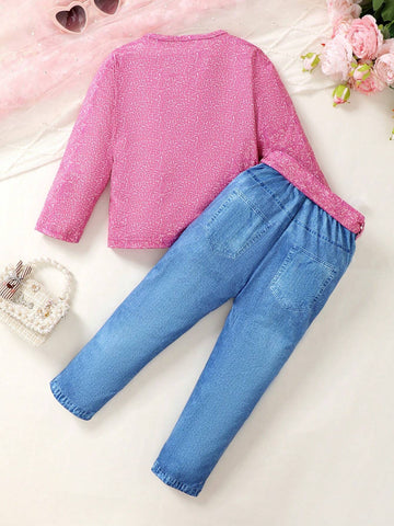 2pcs Girls Letter Print Round Neck Sweatshirt And Denim Patchwork Pants Set, Autumn/Winter 2pcs Girls Letter Print Round Neck Sweatshirt And Denim Patchwork Pants Set, Autumn/Winter