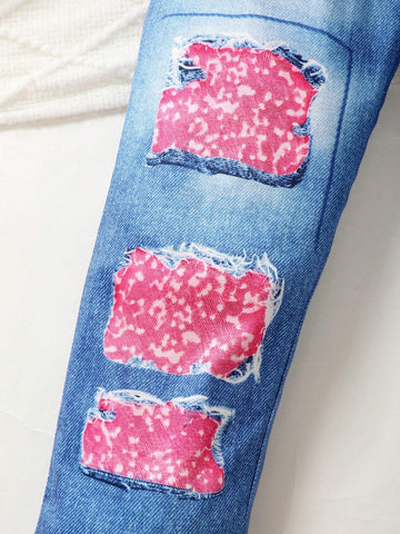 2pcs Girls Letter Print Round Neck Sweatshirt And Denim Patchwork Pants Set, Autumn/Winter 2pcs Girls Letter Print Round Neck Sweatshirt And Denim Patchwork Pants Set, Autumn/Winter