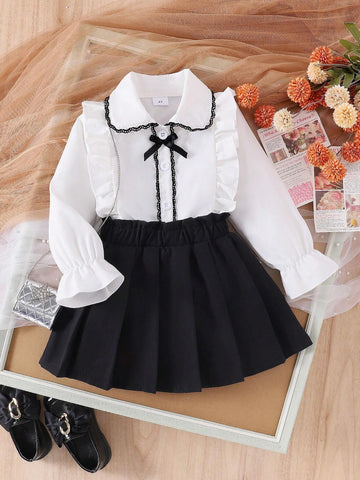 2pcs Girls Preppy Style Peter Pan Collar Ruffle Long Sleeve Blouse And Pleated Skirt Set, Spring Autumn 2pcs Girls Preppy Style Peter Pan Collar Ruffle Long Sleeve Blouse And Pleated Skirt Set, Spring Autumn