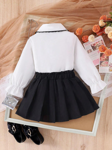 2pcs Girls Preppy Style Peter Pan Collar Ruffle Long Sleeve Blouse And Pleated Skirt Set, Spring Autumn 2pcs Girls Preppy Style Peter Pan Collar Ruffle Long Sleeve Blouse And Pleated Skirt Set, Spring Autumn