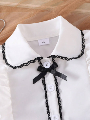 2pcs Girls Preppy Style Peter Pan Collar Ruffle Long Sleeve Blouse And Pleated Skirt Set, Spring Autumn 2pcs Girls Preppy Style Peter Pan Collar Ruffle Long Sleeve Blouse And Pleated Skirt Set, Spring Autumn