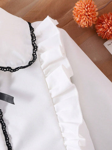 2pcs Girls Preppy Style Peter Pan Collar Ruffle Long Sleeve Blouse And Pleated Skirt Set, Spring Autumn 2pcs Girls Preppy Style Peter Pan Collar Ruffle Long Sleeve Blouse And Pleated Skirt Set, Spring Autumn