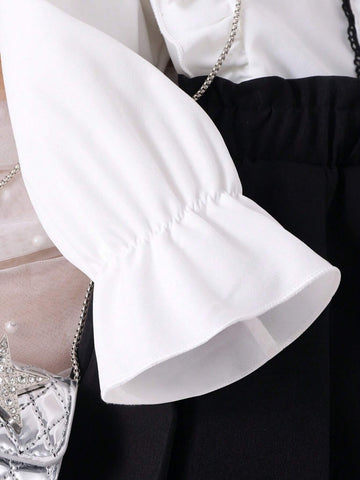 2pcs Girls Preppy Style Peter Pan Collar Ruffle Long Sleeve Blouse And Pleated Skirt Set, Spring Autumn 2pcs Girls Preppy Style Peter Pan Collar Ruffle Long Sleeve Blouse And Pleated Skirt Set, Spring Autumn