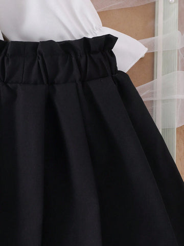 2pcs Girls Preppy Style Peter Pan Collar Ruffle Long Sleeve Blouse And Pleated Skirt Set, Spring Autumn 2pcs Girls Preppy Style Peter Pan Collar Ruffle Long Sleeve Blouse And Pleated Skirt Set, Spring Autumn