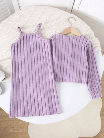 2pcs Girls' Ribbed Jacket And Strap Dress Casual Outfit, Fall/Winter 2pcs Girls' Ribbed Jacket And Strap Dress Casual Outfit, Fall/Winter