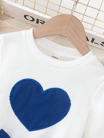 2pcs Girls (Small) Round Neck Long Sleeve Heart Pattern Minimalist Blouse And Front Tie Skirt Set 2pcs Girls (Small) Round Neck Long Sleeve Heart Pattern Minimalist Blouse And Front Tie Skirt Set