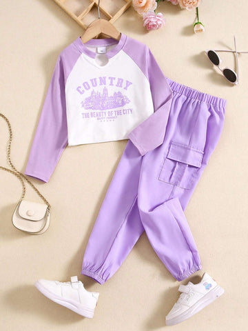 2pcs Girls Spring Autumn Fashion Print Soft Cotton Blend Contrast Color T-Shirt And Simple Cargo Pants Set 2pcs Girls Spring Autumn Fashion Print Soft Cotton Blend Contrast Color T-Shirt And Simple Cargo Pants Set