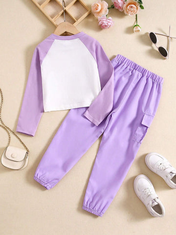 2pcs Girls Spring Autumn Fashion Print Soft Cotton Blend Contrast Color T-Shirt And Simple Cargo Pants Set 2pcs Girls Spring Autumn Fashion Print Soft Cotton Blend Contrast Color T-Shirt And Simple Cargo Pants Set