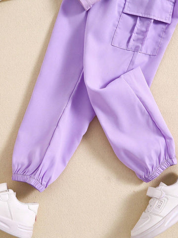 2pcs Girls Spring Autumn Fashion Print Soft Cotton Blend Contrast Color T-Shirt And Simple Cargo Pants Set 2pcs Girls Spring Autumn Fashion Print Soft Cotton Blend Contrast Color T-Shirt And Simple Cargo Pants Set
