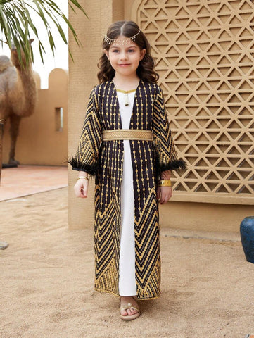 2pcs/Set Young Girl Faux Fur Patchwork Long Sleeve Simple Jacket And Dress 2pcs/Set Young Girl Faux Fur Patchwork Long Sleeve Simple Jacket And Dress