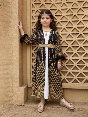 2pcs/Set Young Girl Faux Fur Patchwork Long Sleeve Simple Jacket And Dress 2pcs/Set Young Girl Faux Fur Patchwork Long Sleeve Simple Jacket And Dress