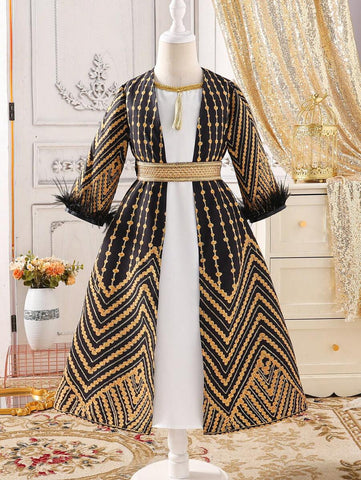 2pcs/Set Young Girl Faux Fur Patchwork Long Sleeve Simple Jacket And Dress 2pcs/Set Young Girl Faux Fur Patchwork Long Sleeve Simple Jacket And Dress