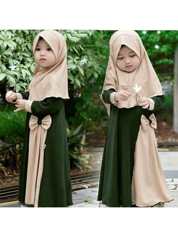 2pcs/Set Young Girl Long Sleeve Bowknot Maxi Dress + Headscarf 2pcs/Set Young Girl Long Sleeve Bowknot Maxi Dress + Headscarf
