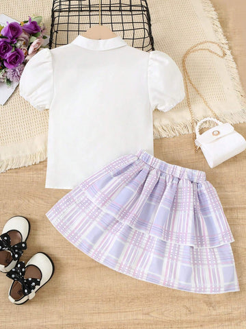 2pcs Short Sleeve Top And Double-Layered Ruffled Skirt Set, Girls' Bow Collar And Summer Design 2pcs Short Sleeve Top And Double-Layered Ruffled Skirt Set, Girls' Bow Collar And Summer Design