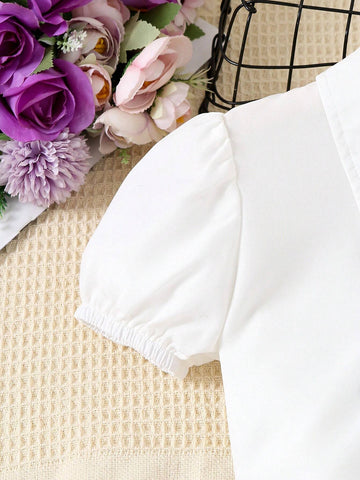 2pcs Short Sleeve Top And Double-Layered Ruffled Skirt Set, Girls' Bow Collar And Summer Design 2pcs Short Sleeve Top And Double-Layered Ruffled Skirt Set, Girls' Bow Collar And Summer Design