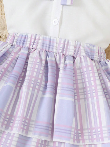 2pcs Short Sleeve Top And Double-Layered Ruffled Skirt Set, Girls' Bow Collar And Summer Design 2pcs Short Sleeve Top And Double-Layered Ruffled Skirt Set, Girls' Bow Collar And Summer Design