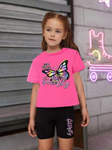 2pcs Summer Casual Butterfly & Slogan Printed Short Sleeve T-Shirt And Shorts Set For Girls 2pcs Summer Casual Butterfly & Slogan Printed Short Sleeve T-Shirt And Shorts Set For Girls