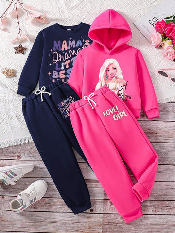 2pcs Toddler Cartoon Pattern Print Crew Neck Sweatshirt And Hooded Sweatshirt With Sweatpants Set 2pcs Toddler Cartoon Pattern Print Crew Neck Sweatshirt And Hooded Sweatshirt With Sweatpants Set