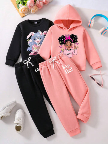 2pcs Toddler Cartoon Print Warm Crew Neck Sweatshirt And Hooded Sweatshirt With Sports Pants Set 2pcs Toddler Cartoon Print Warm Crew Neck Sweatshirt And Hooded Sweatshirt With Sports Pants Set