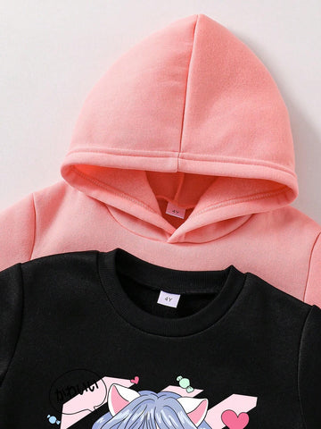 2pcs Toddler Cartoon Print Warm Crew Neck Sweatshirt And Hooded Sweatshirt With Sports Pants Set 2pcs Toddler Cartoon Print Warm Crew Neck Sweatshirt And Hooded Sweatshirt With Sports Pants Set