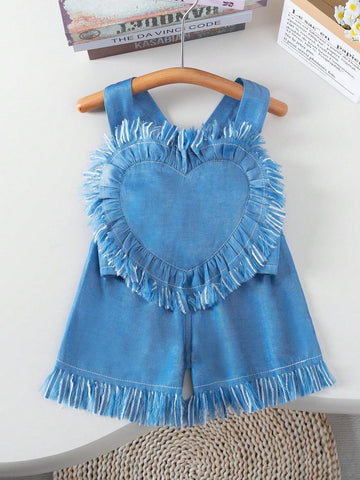 2pcs Toddler Girls' Loveheart Fringed Tank Top And Shorts Set 2pcs Toddler Girls' Loveheart Fringed Tank Top And Shorts Set