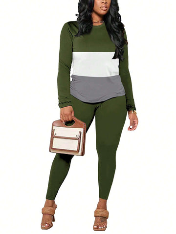 2pcs Women Contrast Stripe Round Neck Fitted Top And Pants Casual Suit For Autumn 2pcs Women Contrast Stripe Round Neck Fitted Top And Pants Casual Suit For Autumn
