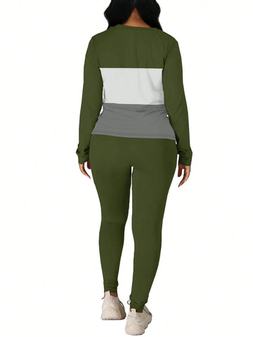 2pcs Women Contrast Stripe Round Neck Fitted Top And Pants Casual Suit For Autumn 2pcs Women Contrast Stripe Round Neck Fitted Top And Pants Casual Suit For Autumn