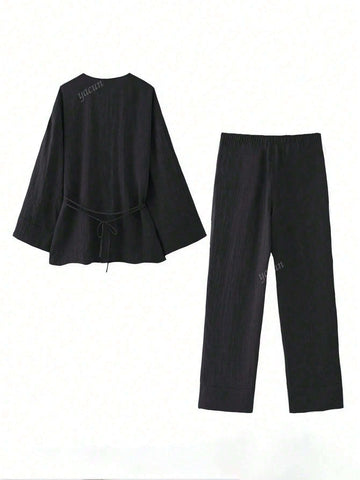 2pcs Women New Style Top And Straight Leg Pants Set 2pcs Women New Style Top And Straight Leg Pants Set