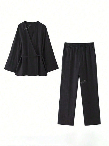 2pcs Women New Style Top And Straight Leg Pants Set 2pcs Women New Style Top And Straight Leg Pants Set