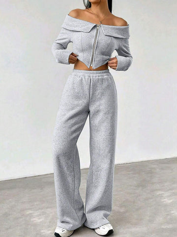 2pcs Women Off-Shoulder Long Sleeve Top With Zipper Placket And Pants Set, Autumn/Winter 2pcs Women Off-Shoulder Long Sleeve Top With Zipper Placket And Pants Set, Autumn/Winter