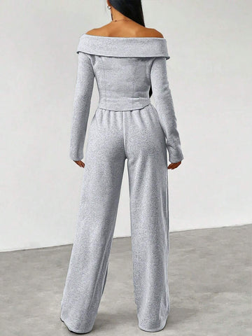 2pcs Women Off-Shoulder Long Sleeve Top With Zipper Placket And Pants Set, Autumn/Winter 2pcs Women Off-Shoulder Long Sleeve Top With Zipper Placket And Pants Set, Autumn/Winter