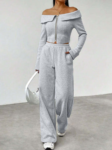 2pcs Women Off-Shoulder Long Sleeve Top With Zipper Placket And Pants Set, Autumn/Winter 2pcs Women Off-Shoulder Long Sleeve Top With Zipper Placket And Pants Set, Autumn/Winter