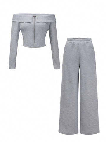 2pcs Women Off-Shoulder Long Sleeve Top With Zipper Placket And Pants Set, Autumn/Winter 2pcs Women Off-Shoulder Long Sleeve Top With Zipper Placket And Pants Set, Autumn/Winter