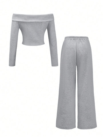 2pcs Women Off-Shoulder Long Sleeve Top With Zipper Placket And Pants Set, Autumn/Winter 2pcs Women Off-Shoulder Long Sleeve Top With Zipper Placket And Pants Set, Autumn/Winter