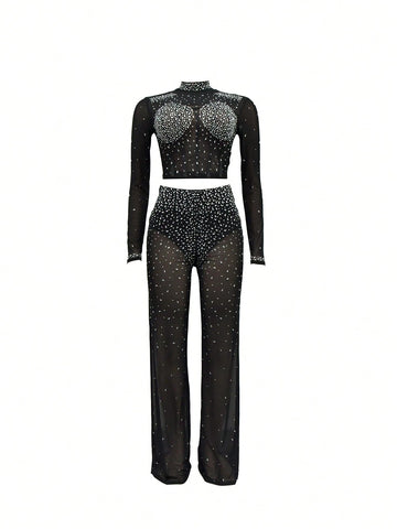 2pcs Women Party Wear Rhinestone Decor Mesh Long Sleeve Cropped Top And Skinny Pants Set 2pcs Women Party Wear Rhinestone Decor Mesh Long Sleeve Cropped Top And Skinny Pants Set