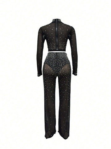 2pcs Women Party Wear Rhinestone Decor Mesh Long Sleeve Cropped Top And Skinny Pants Set 2pcs Women Party Wear Rhinestone Decor Mesh Long Sleeve Cropped Top And Skinny Pants Set