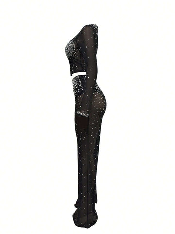 2pcs Women Party Wear Rhinestone Decor Mesh Long Sleeve Cropped Top And Skinny Pants Set 2pcs Women Party Wear Rhinestone Decor Mesh Long Sleeve Cropped Top And Skinny Pants Set