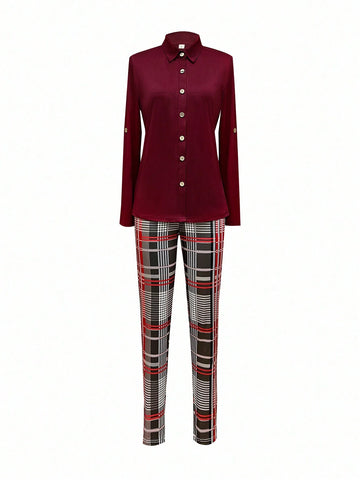 2pcs Women Solid Color Shirt & Random Print Casual Pants Set 2pcs Women Solid Color Shirt & Random Print Casual Pants Set