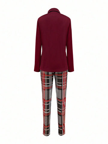 2pcs Women Solid Color Shirt & Random Print Casual Pants Set 2pcs Women Solid Color Shirt & Random Print Casual Pants Set