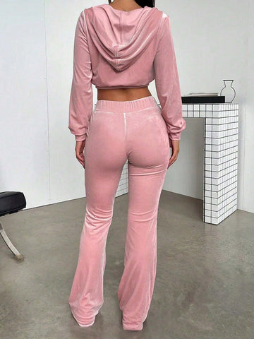 2pcs Women Solid Color Zipper Long Sleeve Top And Drawstring Pocket Pants Set, Fashion Fleece Lined Sports Outfit, Autumn/Winter 2pcs Women Solid Color Zipper Long Sleeve Top And Drawstring Pocket Pants Set, Fashion Fleece Lined Sports Outfit, Autumn/Winter